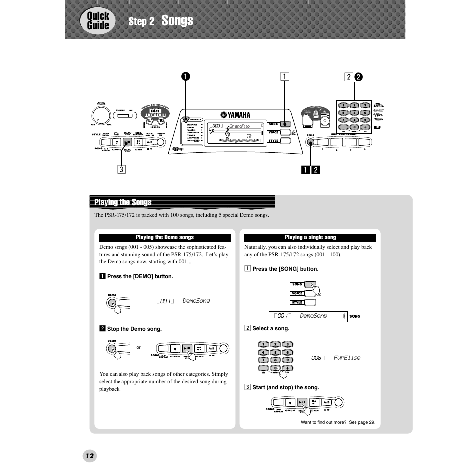 Step 2 songs, Songs, Quick guide step 2 | Yamaha PSR-172  EN User Manual | Page 12 / 64