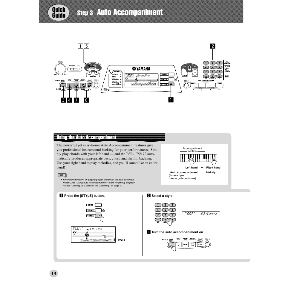 Step 3 auto accompaniment, Auto accompaniment, Quick guide | Step 3, Using the auto accompaniment | Yamaha PSR-172  EN User Manual | Page 14 / 64