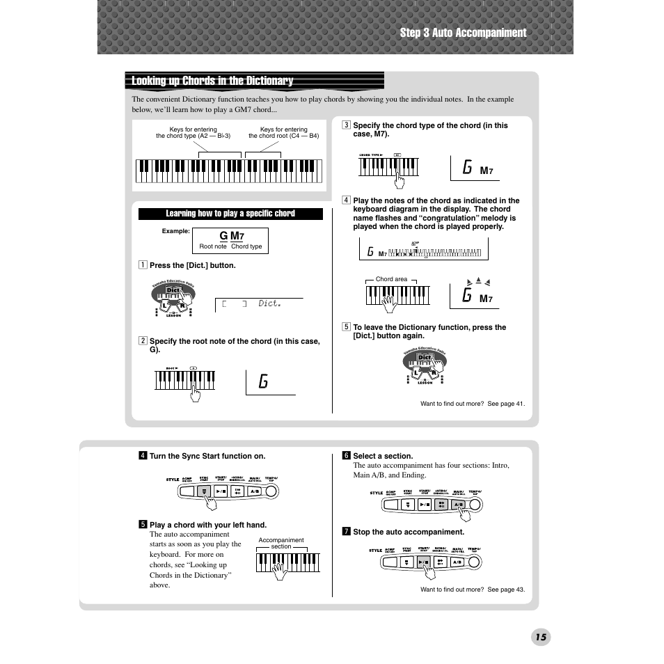 Step 3 auto accompaniment, Looking up chords in the dictionary | Yamaha PSR-172  EN User Manual | Page 15 / 64