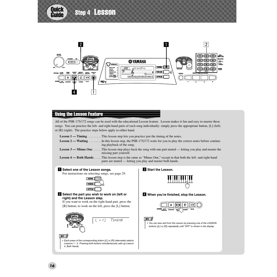 Step 4 lesson, Lesson, Quick guide | Step 4, Zv x x, Using the lesson feature | Yamaha PSR-172  EN User Manual | Page 16 / 64