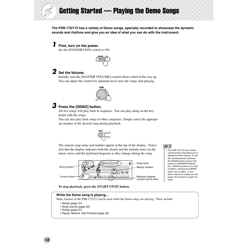 Getting started — playing the demo songs | Yamaha PSR-172  EN User Manual | Page 18 / 64