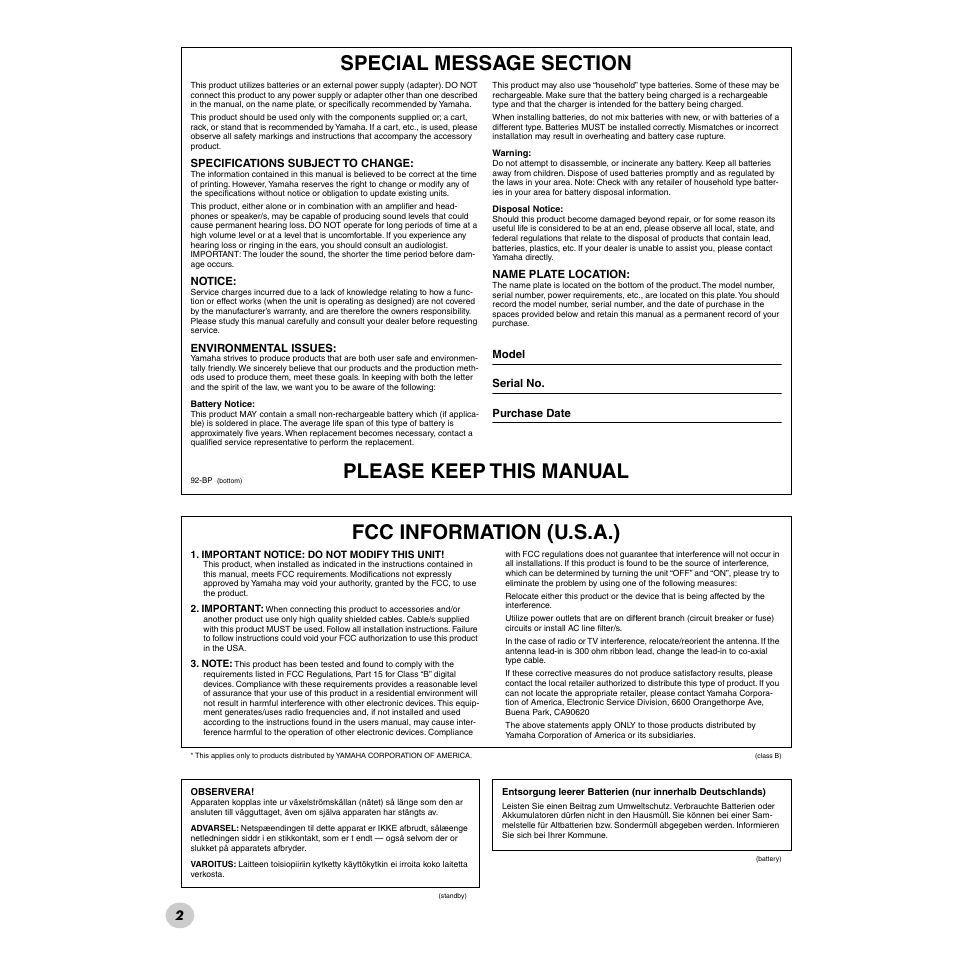 Please keep this manual, Fcc information (u.s.a.) | Yamaha PSR-172  EN User Manual | Page 2 / 64
