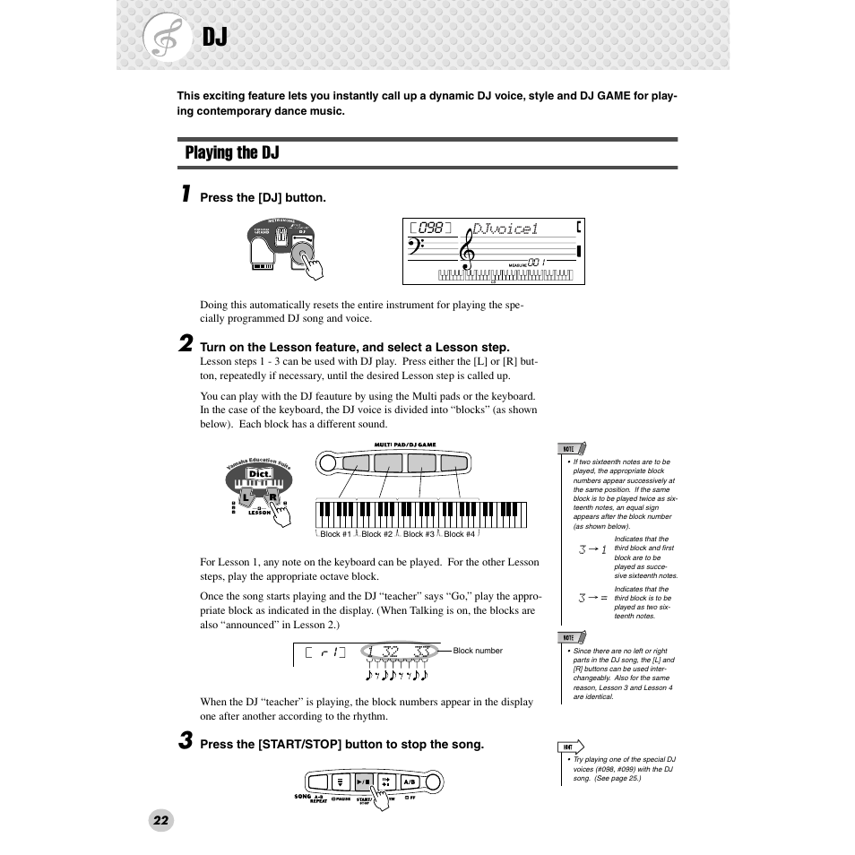 Playing the dj | Yamaha PSR-172  EN User Manual | Page 22 / 64
