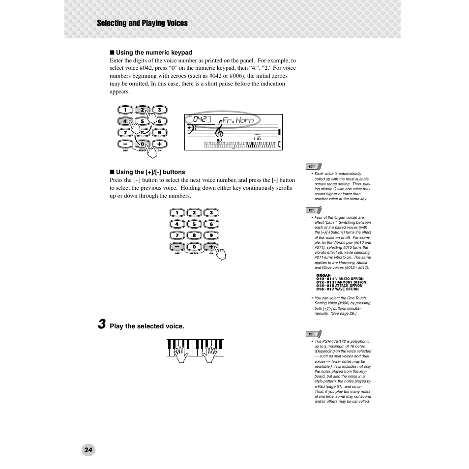 Selecting and playing voices, Fr.horn | Yamaha PSR-172  EN User Manual | Page 24 / 64