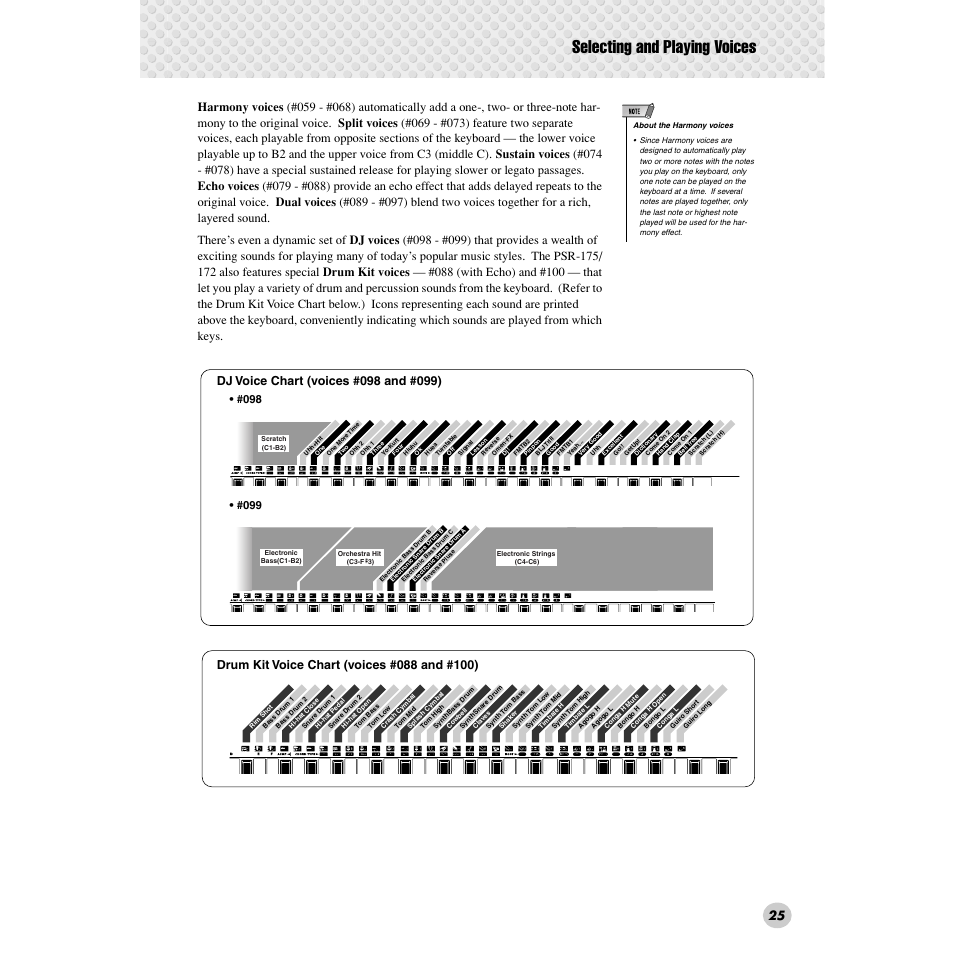 Selecting and playing voices | Yamaha PSR-172  EN User Manual | Page 25 / 64