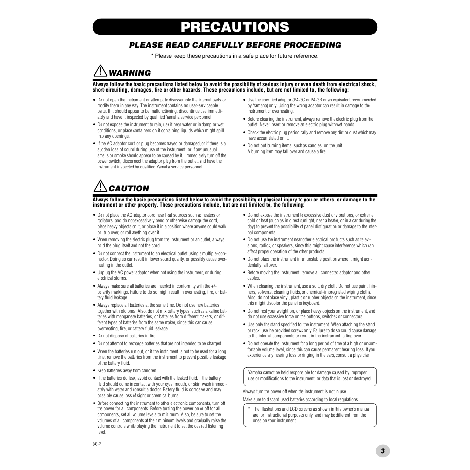 Precautions, Please read carefully before proceeding, Warning | Caution | Yamaha PSR-172  EN User Manual | Page 3 / 64