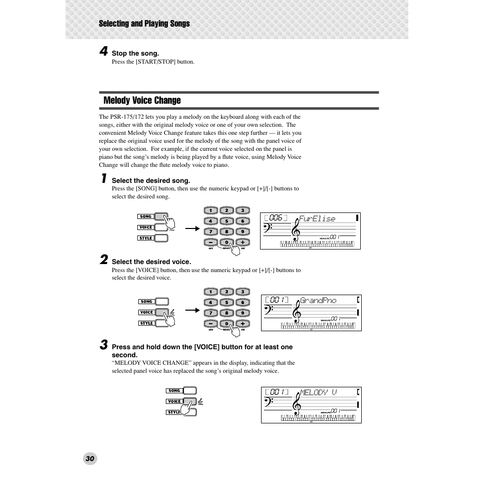 Melody voice change | Yamaha PSR-172  EN User Manual | Page 30 / 64
