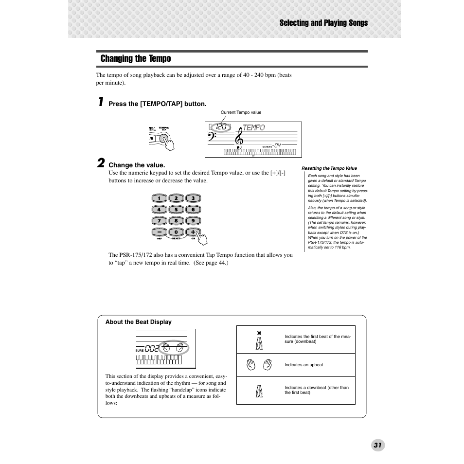 Changing the tempo, Selecting and playing songs | Yamaha PSR-172  EN User Manual | Page 31 / 64