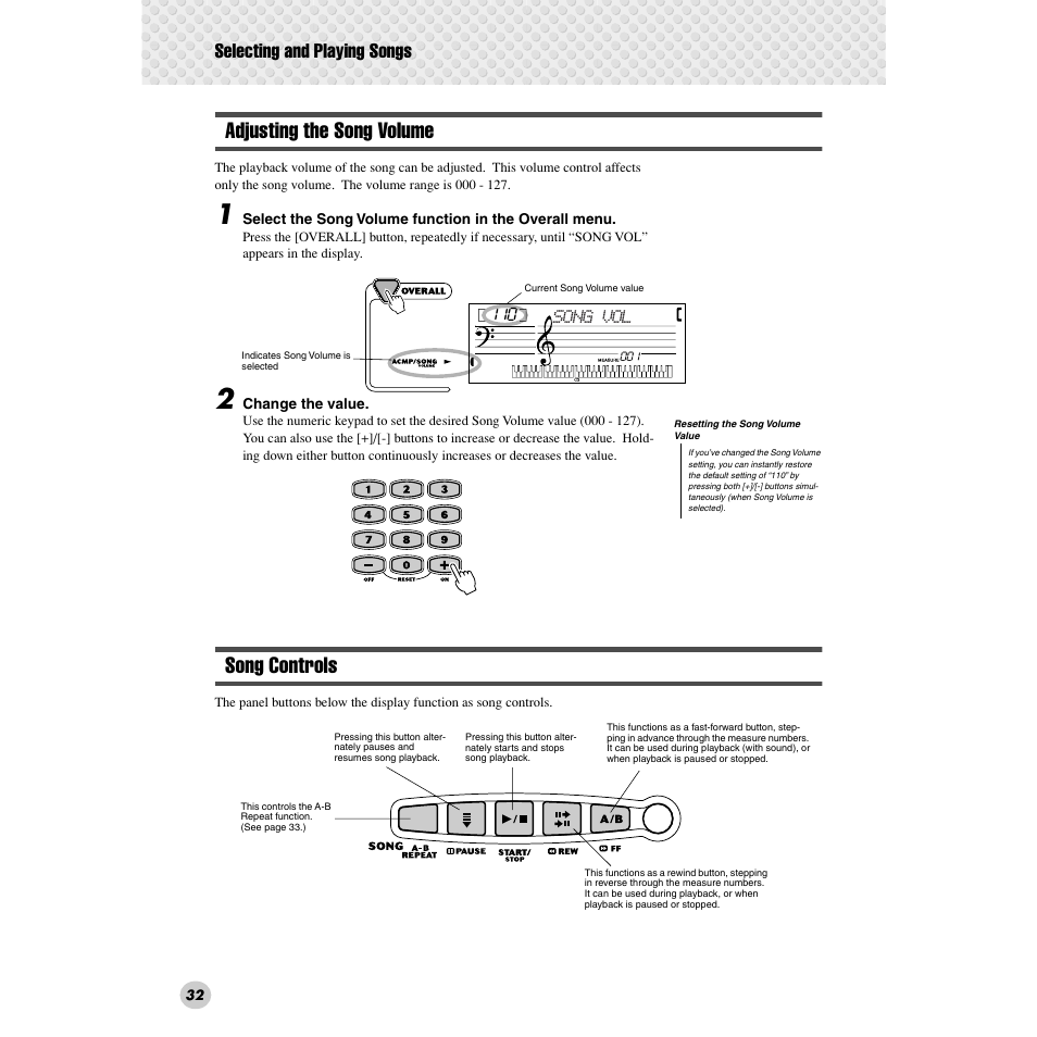 Adjusting the song volume, Song controls, Adjusting the song volume song controls | Selecting and playing songs | Yamaha PSR-172  EN User Manual | Page 32 / 64