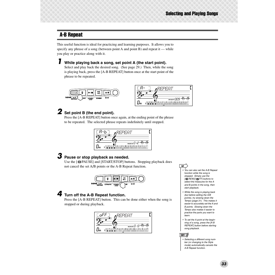 A-b repeat, Selecting and playing songs | Yamaha PSR-172  EN User Manual | Page 33 / 64
