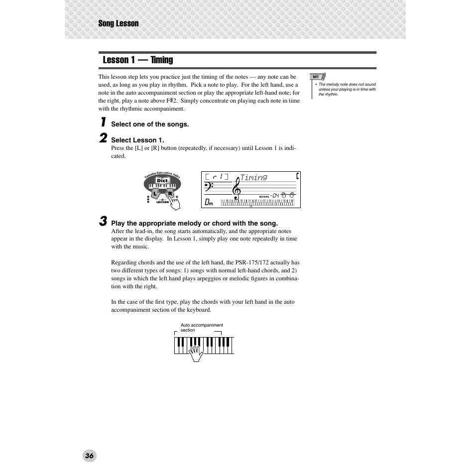 Lesson 1 — timing, Song lesson | Yamaha PSR-172  EN User Manual | Page 36 / 64