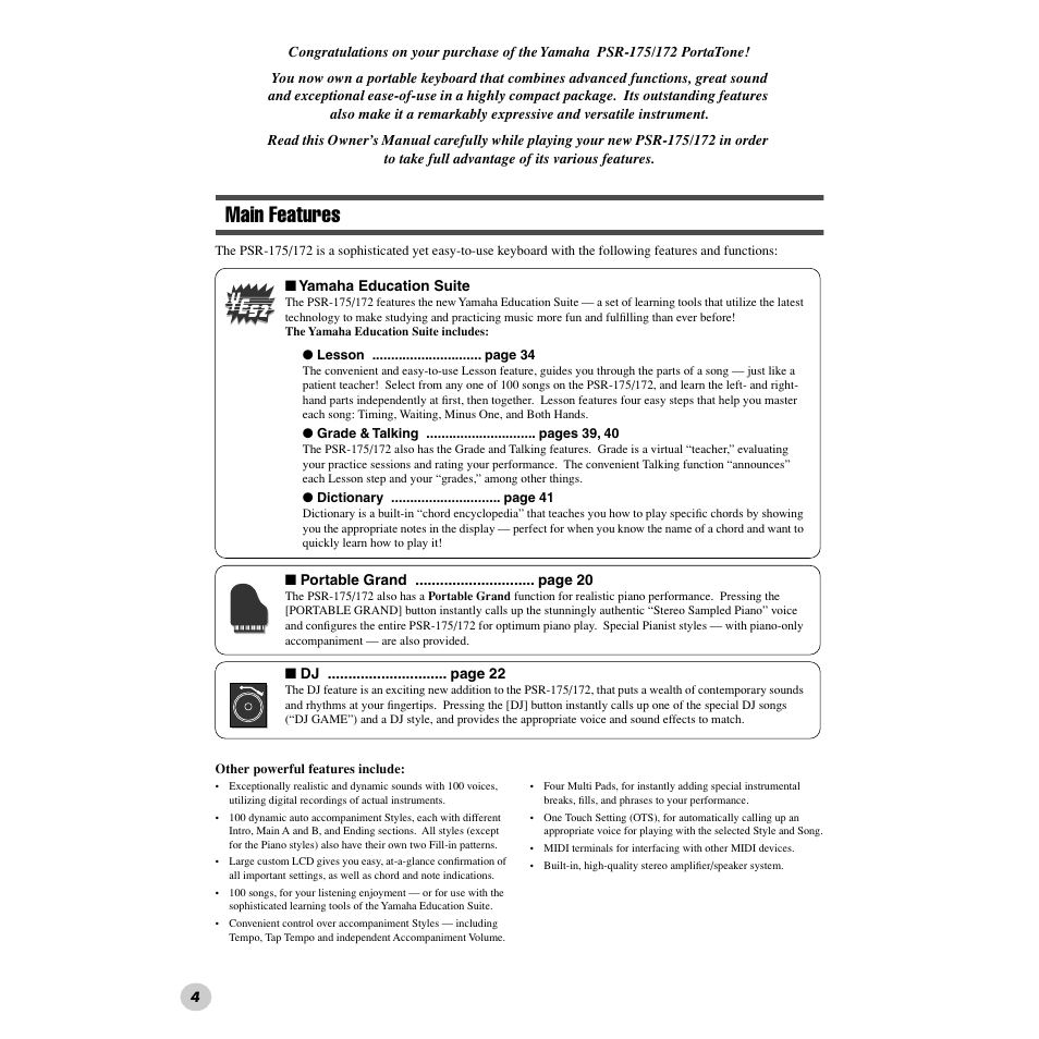 Main features | Yamaha PSR-172  EN User Manual | Page 4 / 64