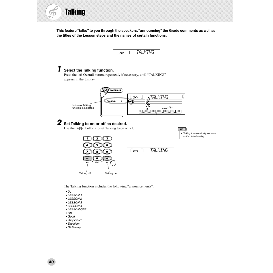 Talking | Yamaha PSR-172  EN User Manual | Page 40 / 64