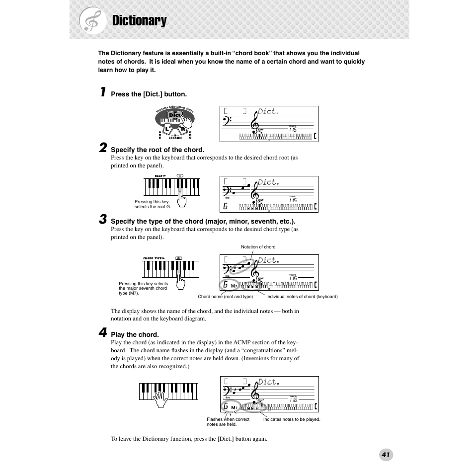 Dictionary | Yamaha PSR-172  EN User Manual | Page 41 / 64