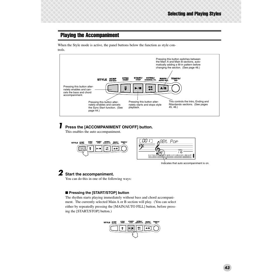 Playing the accompaniment, Selecting and playing styles | Yamaha PSR-172  EN User Manual | Page 43 / 64