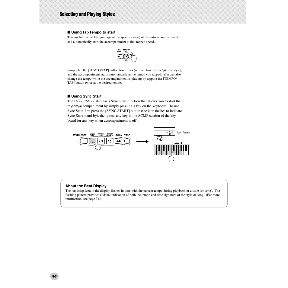 The sync star, Selecting and playing styles | Yamaha PSR-172  EN User Manual | Page 44 / 64