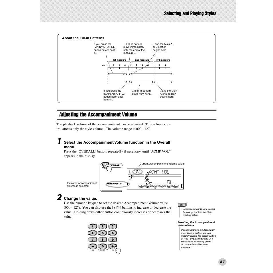 Adjusting the accompaniment volume, Selecting and playing styles, Acmp vol | Yamaha PSR-172  EN User Manual | Page 47 / 64