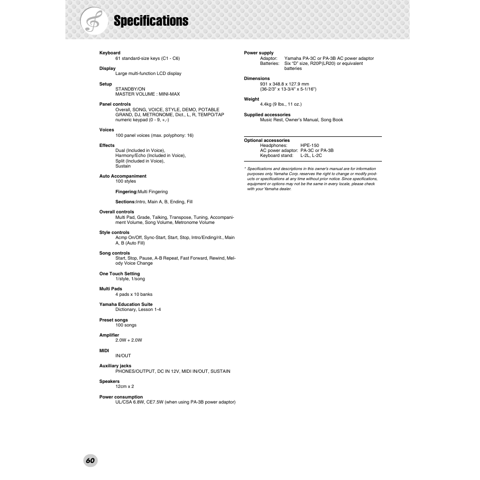 Specifications | Yamaha PSR-172  EN User Manual | Page 60 / 64
