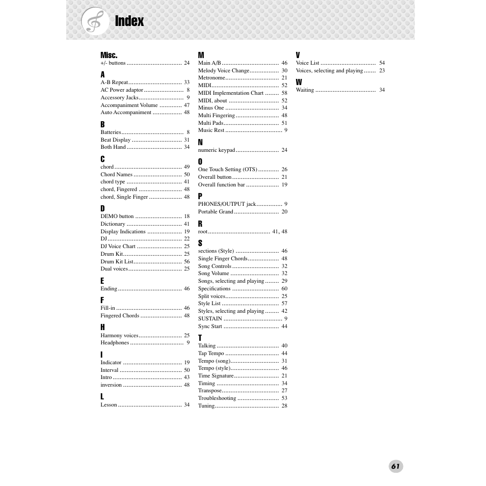 Index, Misc | Yamaha PSR-172  EN User Manual | Page 61 / 64