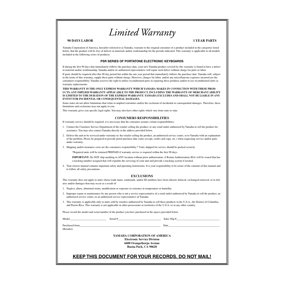 Limited warranty, Keep this document for your records. do not mail | Yamaha PSR-172  EN User Manual | Page 62 / 64