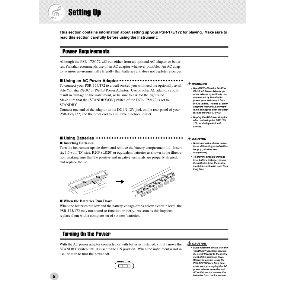 Setting up, Power requirements, Turning on the power | Power requirements turning on the power | Yamaha PSR-172  EN User Manual | Page 8 / 64