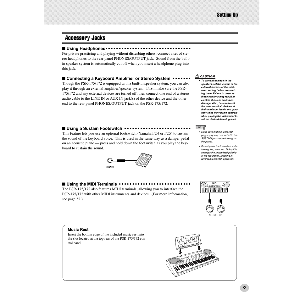 Accessory jacks, Setting up | Yamaha PSR-172  EN User Manual | Page 9 / 64