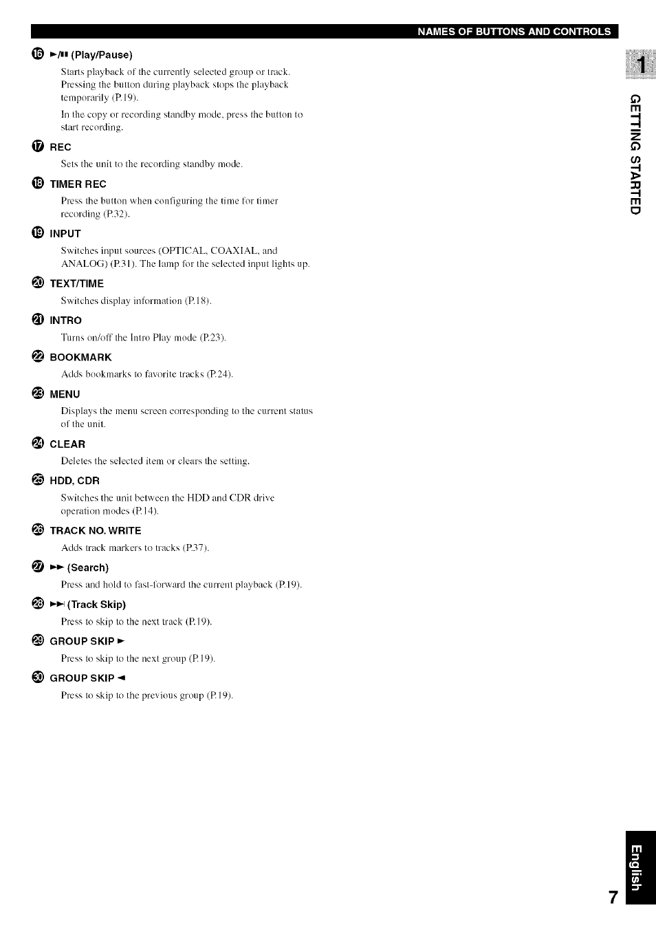 Play/pause), Timer rec, Input | Text/time, Ф intro, Bookmark, Menu, Clear, Hdd, cdr, Track no. write | Yamaha CDR-HD1500 User Manual | Page 13 / 90