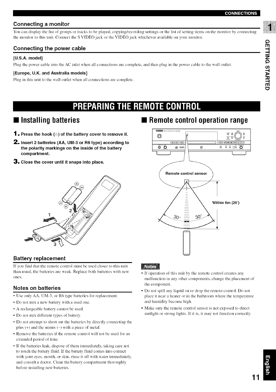 Connecting a monitor, Connecting the power cable, U.s.a. model | Europe, u.k. and australia models, Preparing the remote control, Installing batteries, Close the cover until it snaps into place, Battery replacement, Notes on batteries, Remote control operation range | Yamaha CDR-HD1500 User Manual | Page 17 / 90