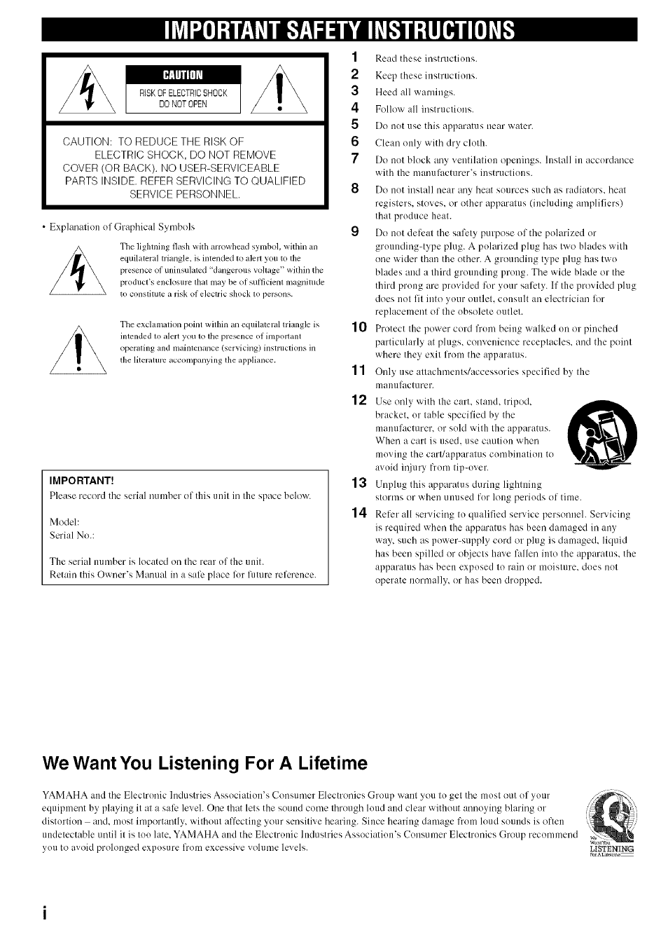 Important safety instructions, Important, We want you listening for a lifetime | Yamaha CDR-HD1500 User Manual | Page 2 / 90