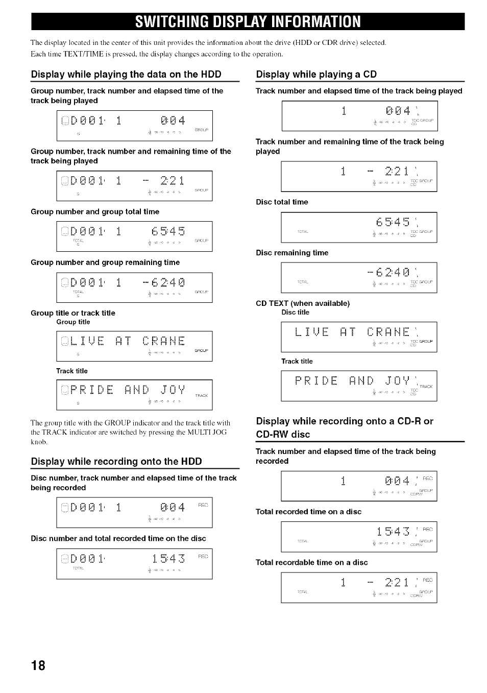 Switching display information, Display while playing the data on the hdd, Display while recording onto the hdd | Display while playing a cd, Display while recording onto a cd-r or cd-rw disc | Yamaha CDR-HD1500 User Manual | Page 24 / 90