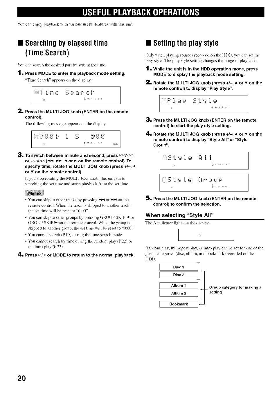 Useful playback operations, Searching by elapsed time (time search), Setting the play style | When selecting “style all | Yamaha CDR-HD1500 User Manual | Page 26 / 90