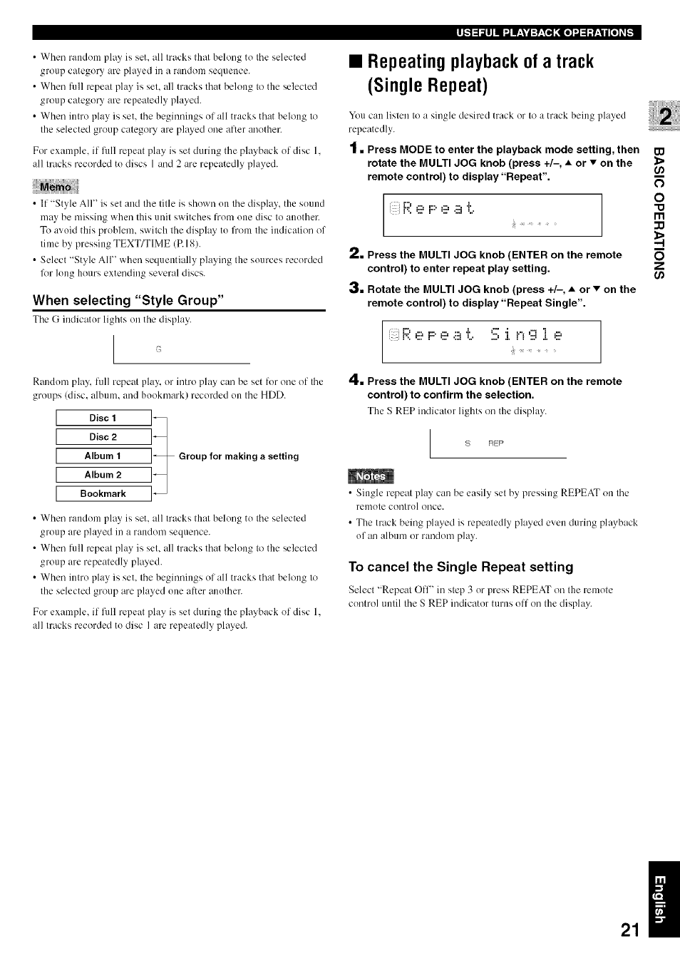 Memo, When selecting “style group, Repeating playback of a track (single repeat) | To cancel the single repeat setting | Yamaha CDR-HD1500 User Manual | Page 27 / 90