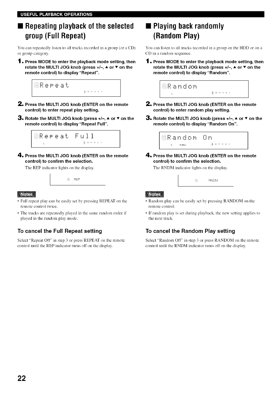 Playing back randomly (random play), To cancel the full repeat setting, To cancel the random play setting | Yamaha CDR-HD1500 User Manual | Page 28 / 90