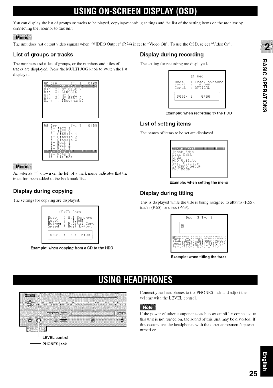 Using on-screen display (osd, Memo, List of groups or tracks display during recording | Display during copying, List of setting items, Display during titling, Using headphones, Using on-screen display (osd) using headphones | Yamaha CDR-HD1500 User Manual | Page 31 / 90