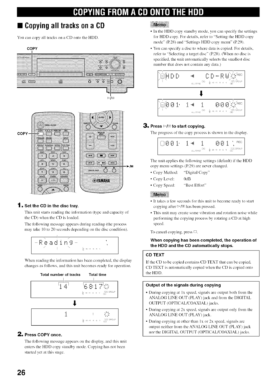 Copying from a cd onto the hdd, Copying all tracks on a cd, 1 a set the cd in the disc tray | Press copy once, Memo, 3m press to start copying, Cd text, Output of the signals during copying, Títísííi) | Yamaha CDR-HD1500 User Manual | Page 32 / 90