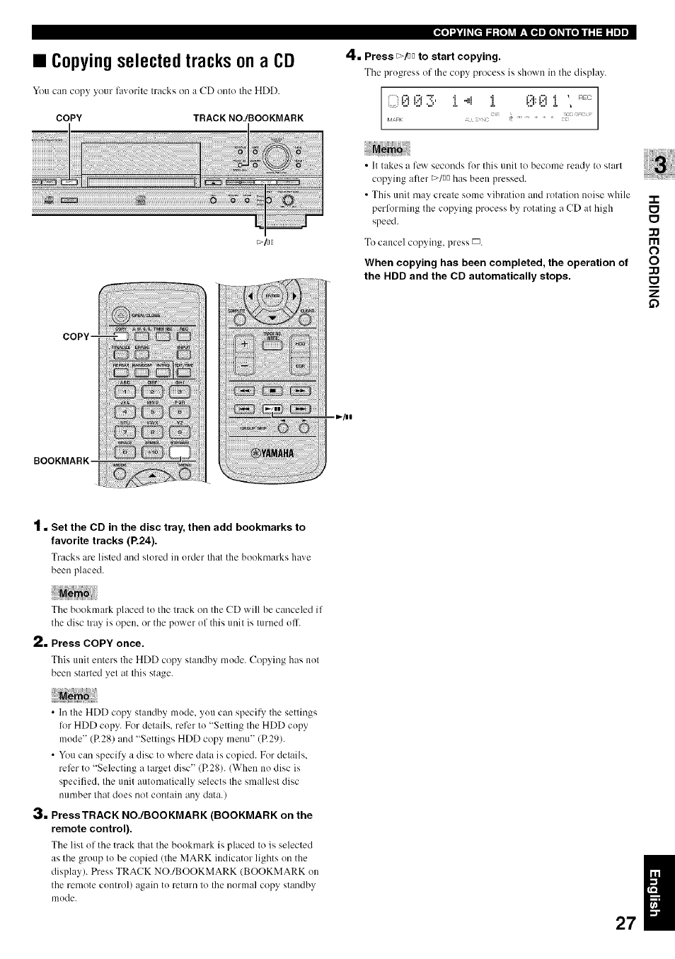 Copying selected tracks on a cd, If 1, Iaai | Yamaha, Press >/nn to start copying, Memo, 2a press copy once | Yamaha CDR-HD1500 User Manual | Page 33 / 90