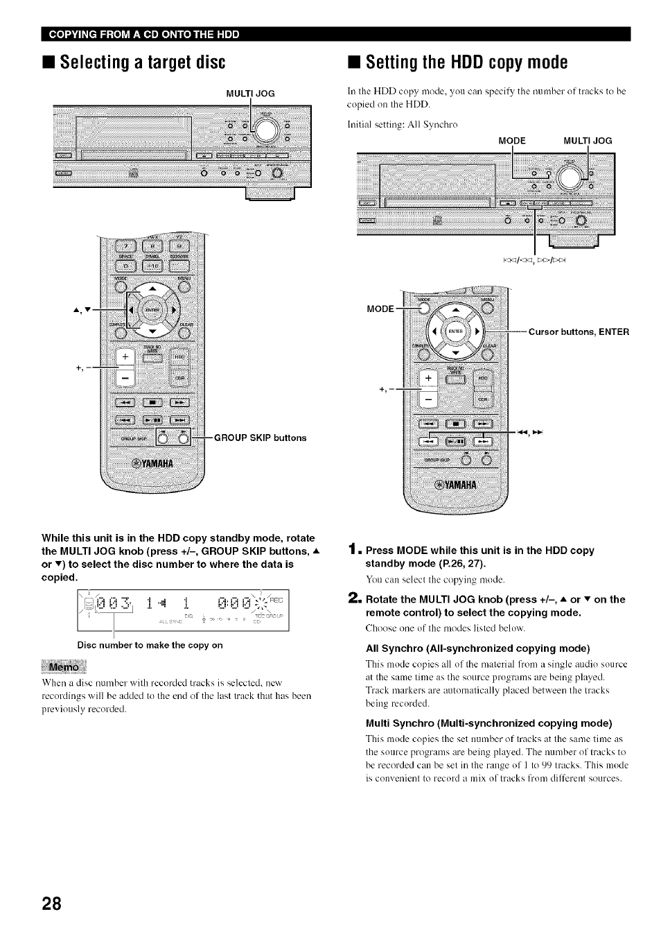 Selecting a target disc, Setting the hdd copy mode, Memo | All synchro (all-synchronized copying mode), Selecting a target disc selling the hdd copy mode | Yamaha CDR-HD1500 User Manual | Page 34 / 90