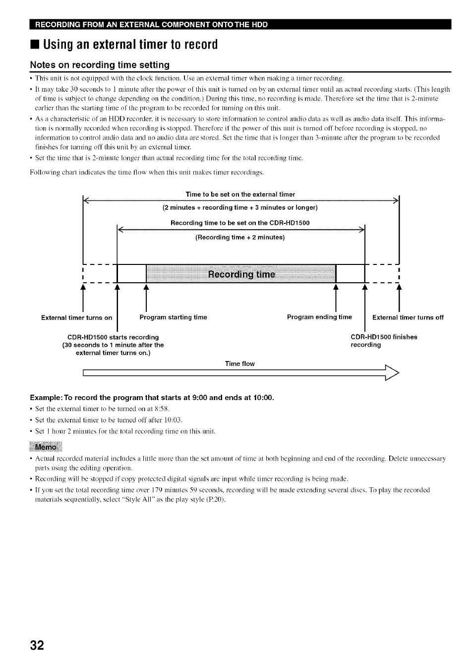 Using an external timer to record, Notes on recording time setting, Recording time | Yamaha CDR-HD1500 User Manual | Page 38 / 90