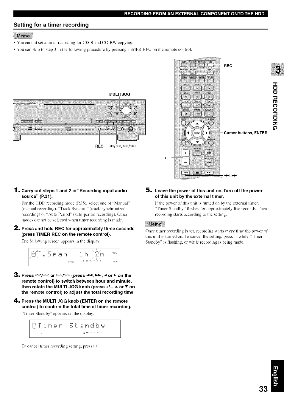 Setting for a timer recording, Memo, 3a press w<i/<!<i or w>/w:h (press ■« or ► on the | Oo g | Yamaha CDR-HD1500 User Manual | Page 39 / 90