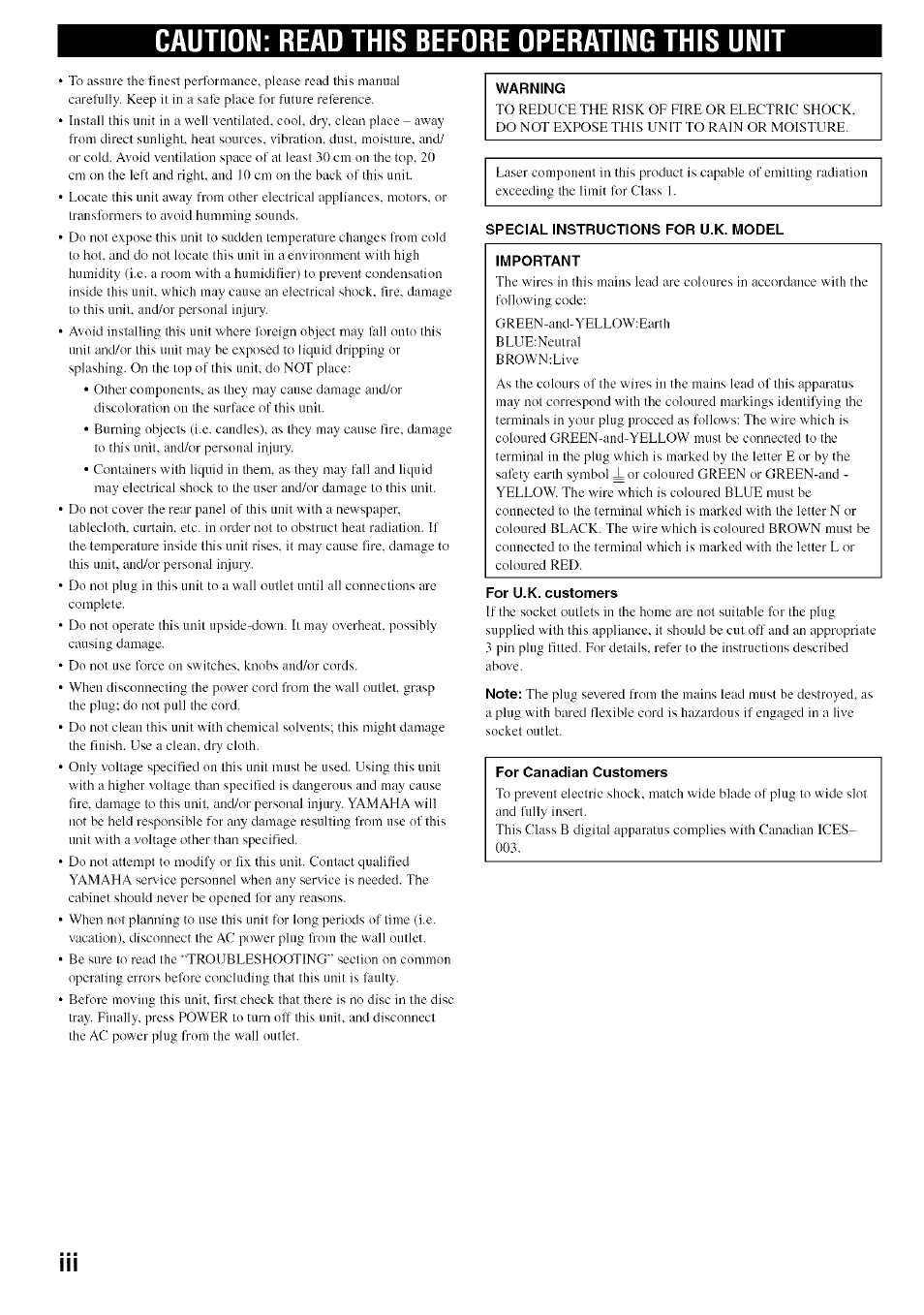 Caution: read this before operating this unit, Special instructions for u.k. model, For u.k. customers | Yamaha CDR-HD1500 User Manual | Page 4 / 90