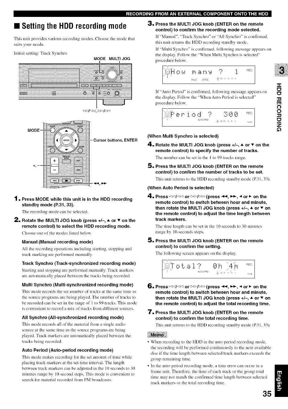 Setting the hdd recording mode | Yamaha CDR-HD1500 User Manual | Page 41 / 90