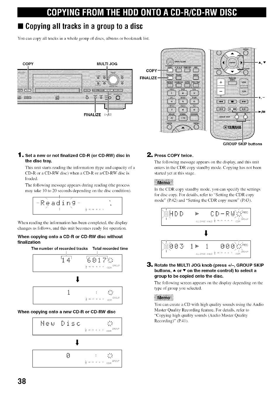 Copying from the hdd onto a cd-r/cd-rw disc, Copying all tracks in a group to a disc, When copying onto a new cd-r or cd-rw disc | Press copy twice, Memo | Yamaha CDR-HD1500 User Manual | Page 44 / 90