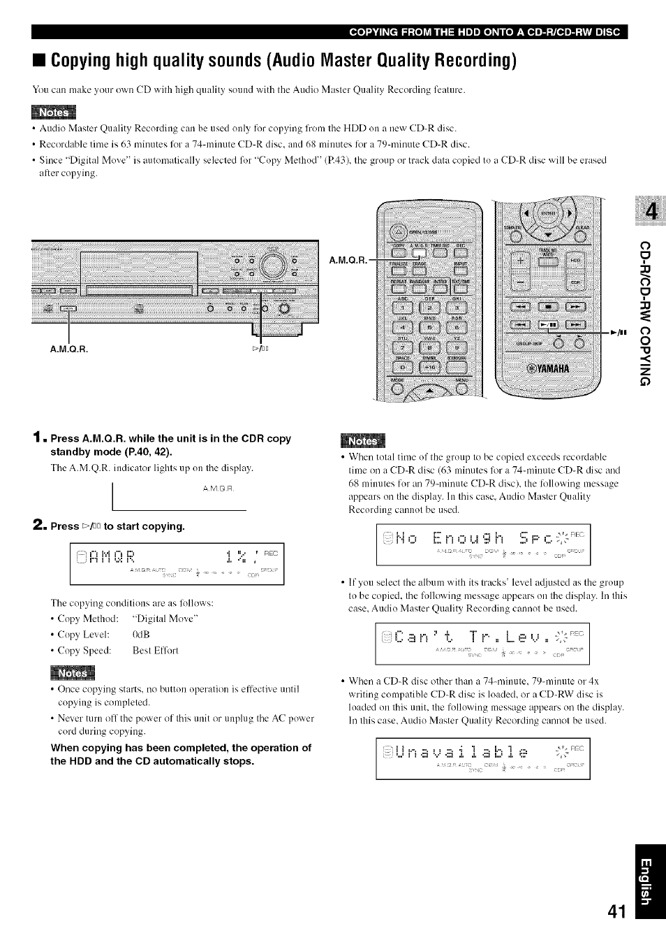 Press ^/dci to start copying | Yamaha CDR-HD1500 User Manual | Page 47 / 90