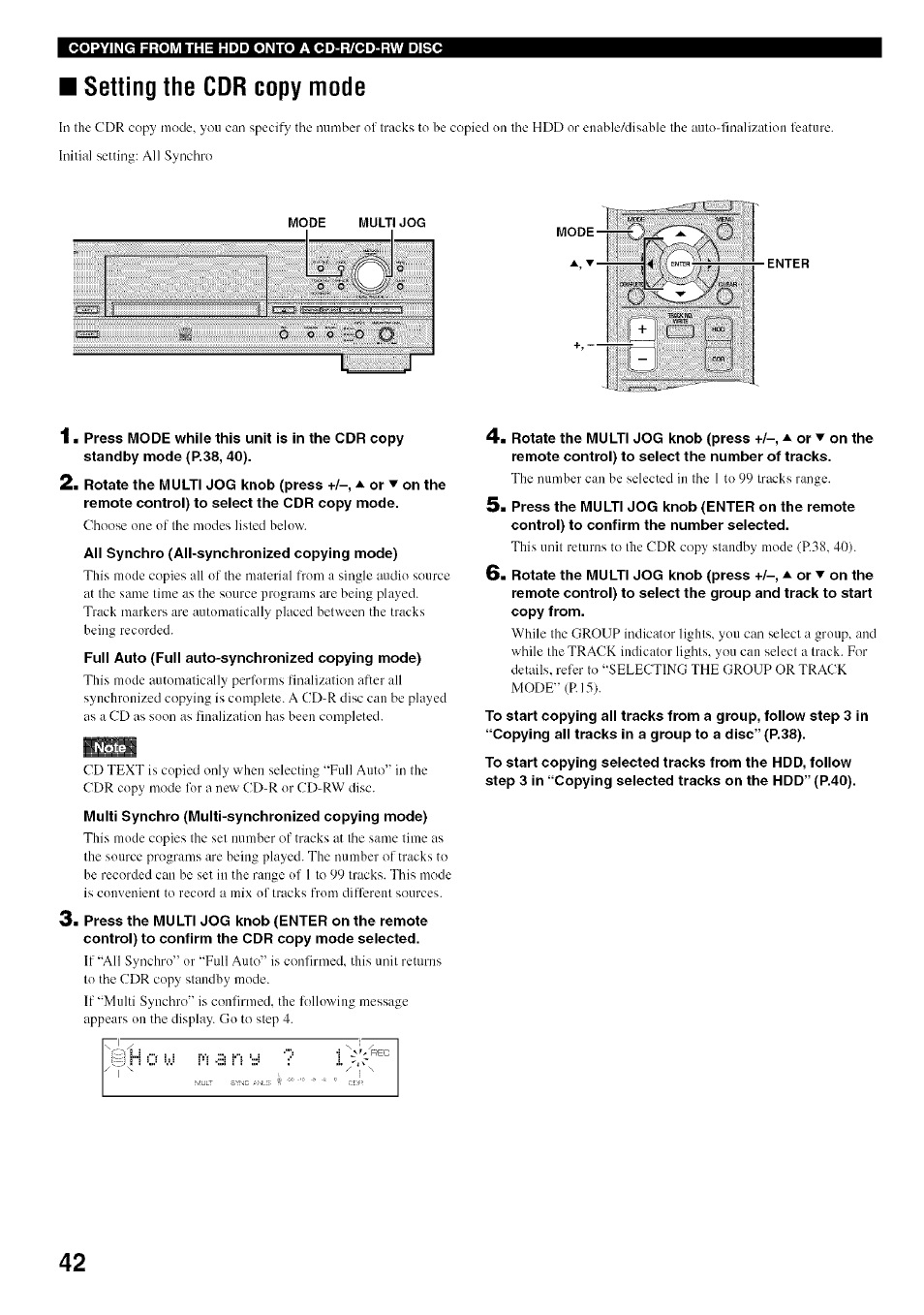 Setting the cdr copy mode | Yamaha CDR-HD1500 User Manual | Page 48 / 90