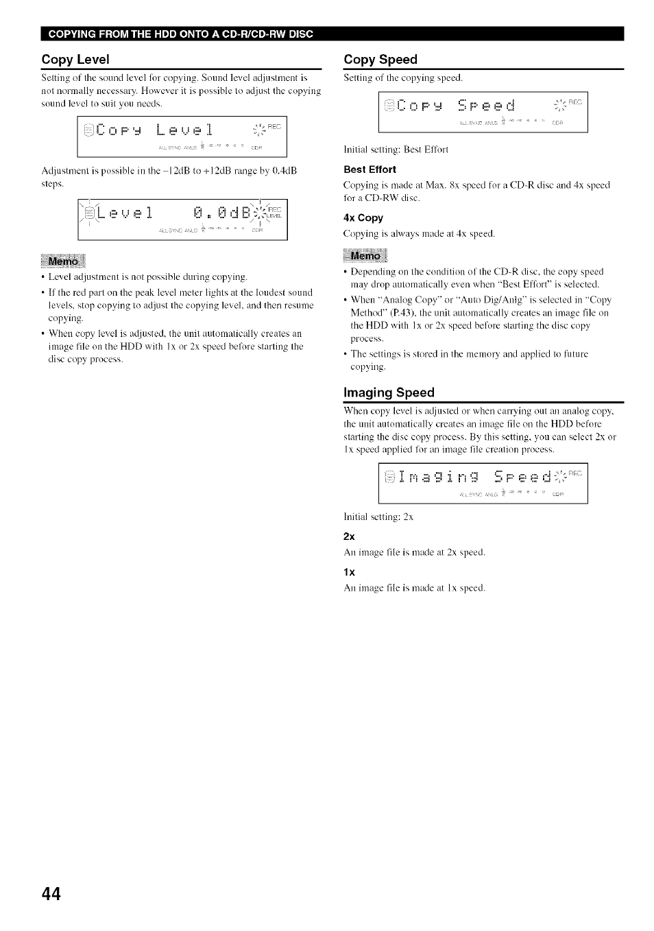 Copy level, Copy speed, Best effort | 4x copy, Memo, Imaging speed | Yamaha CDR-HD1500 User Manual | Page 50 / 90