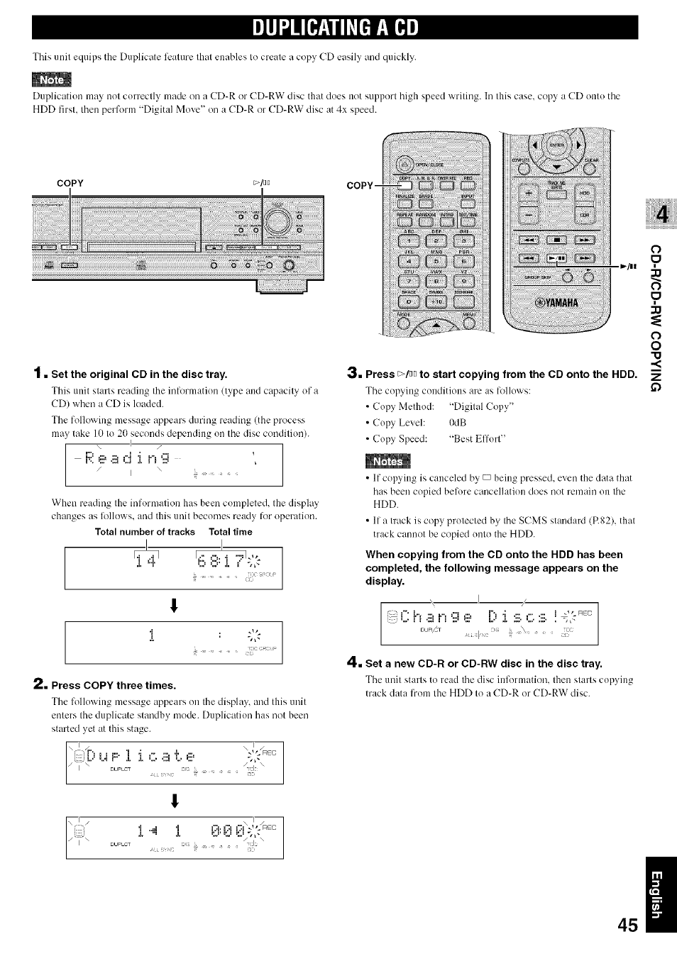 Duplicating a cd, Set the original cd in the disc tray, Yamaha | 2m press copy three times, Set a new cd-r or cd-rw disc in the disc tray | Yamaha CDR-HD1500 User Manual | Page 51 / 90