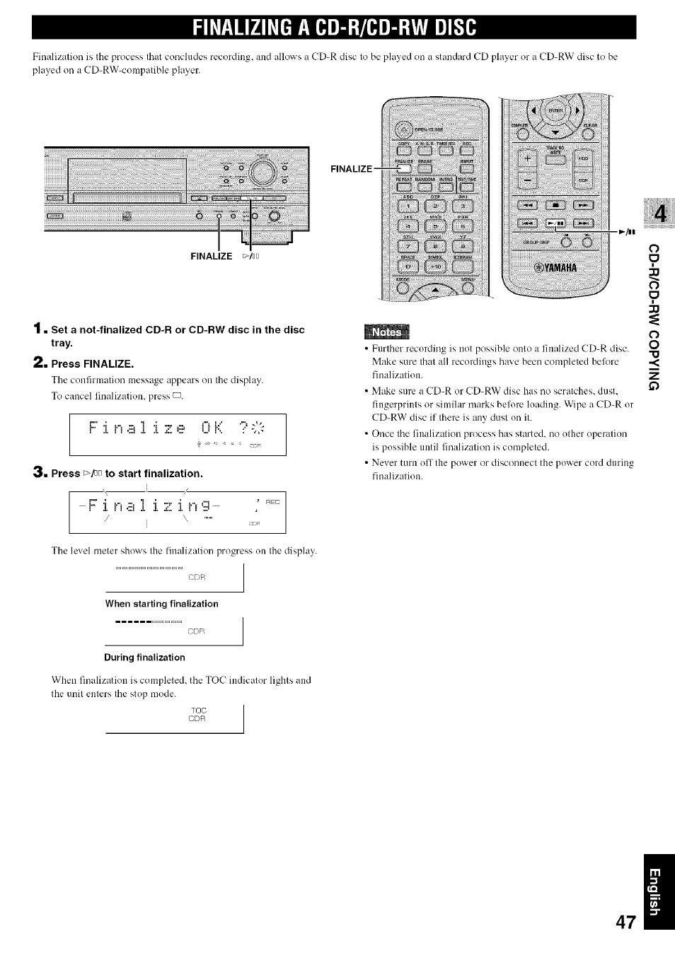 Finalizing a cd-r/cd-rw disc, Press finalize, Press i>/da to start finalization | Yamaha CDR-HD1500 User Manual | Page 53 / 90