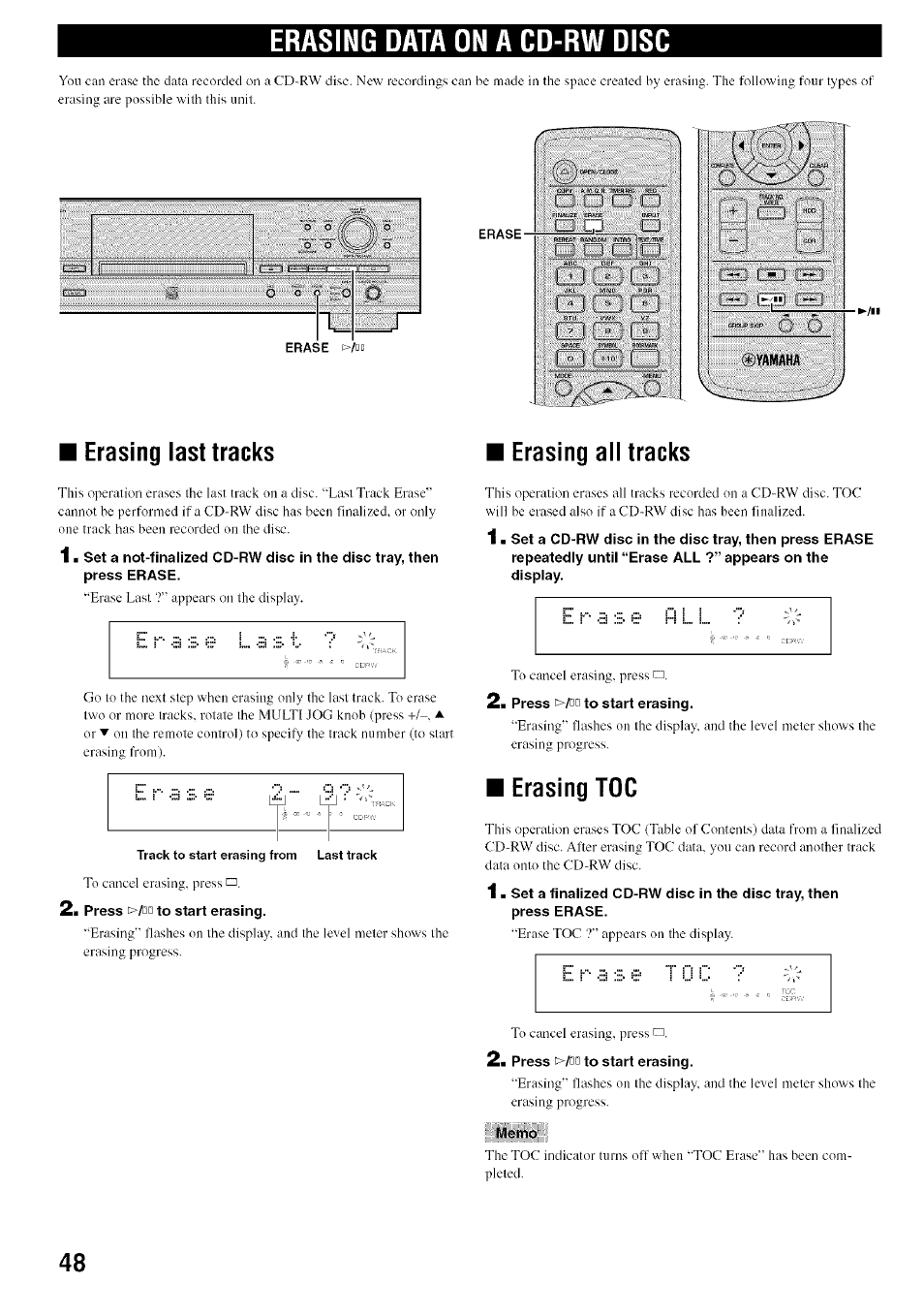 Erasing data on a cd-rw disc, Erasing last tracks, 2> press >/nd to start erasing | Erasing all tracks, 2i press c>/nn to start erasing, Erasing toc, 2i press t>/nn to start erasing, Luletno | Yamaha CDR-HD1500 User Manual | Page 54 / 90