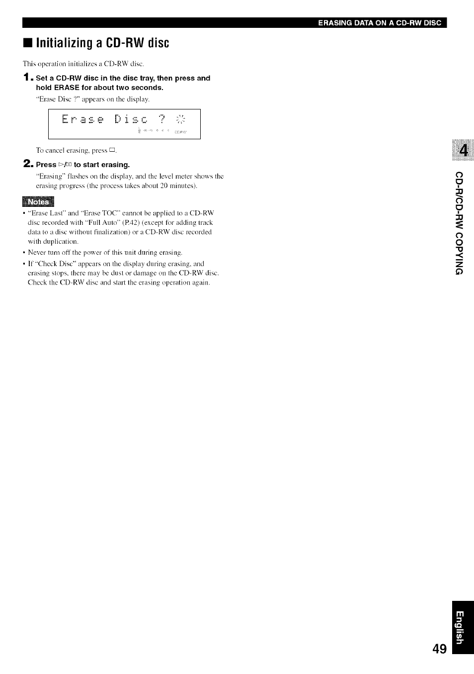 Initializing a cd-rw disc, 2> press t>/na to start erasing | Yamaha CDR-HD1500 User Manual | Page 55 / 90