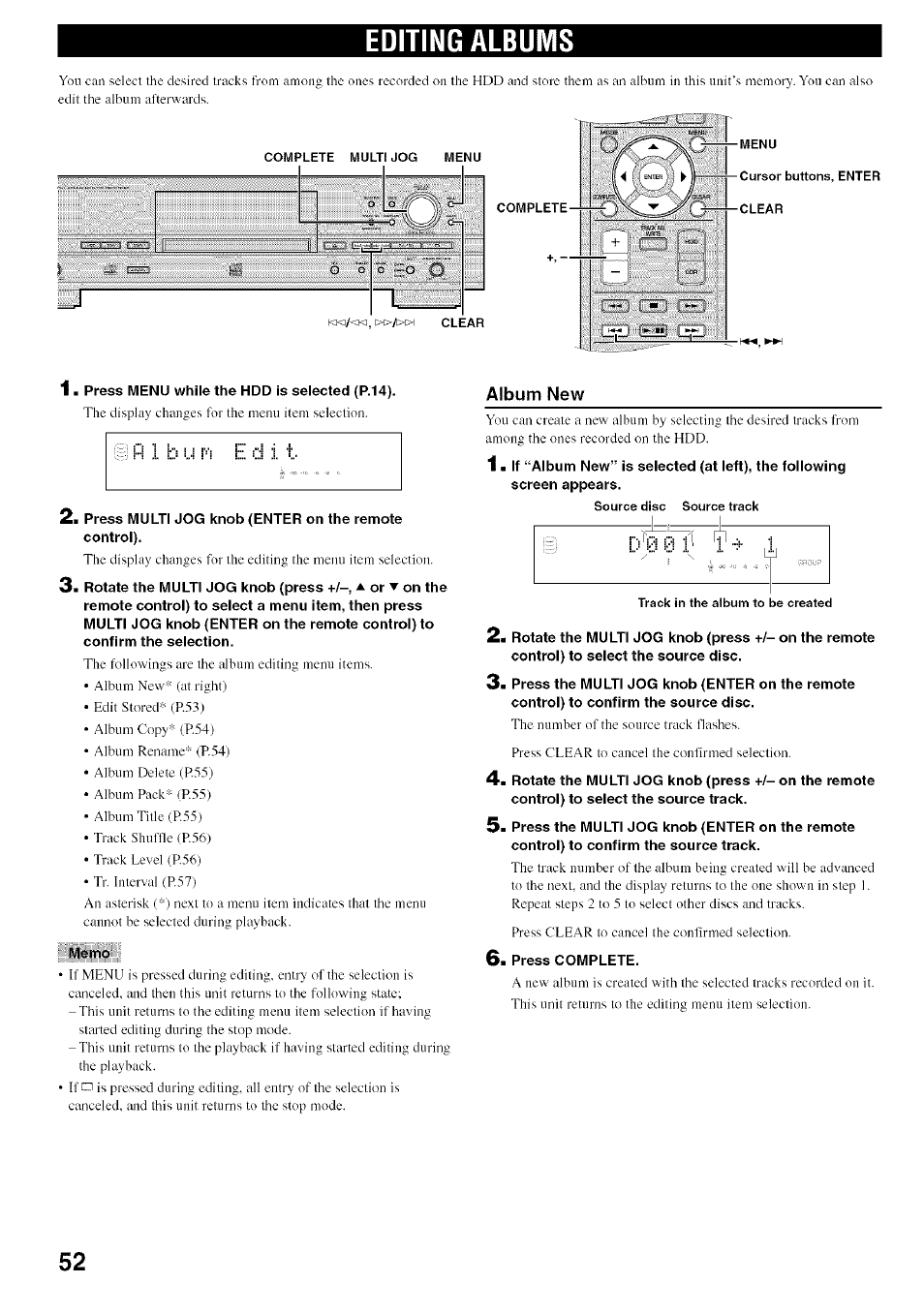 Editing albums, Album new | Yamaha CDR-HD1500 User Manual | Page 58 / 90